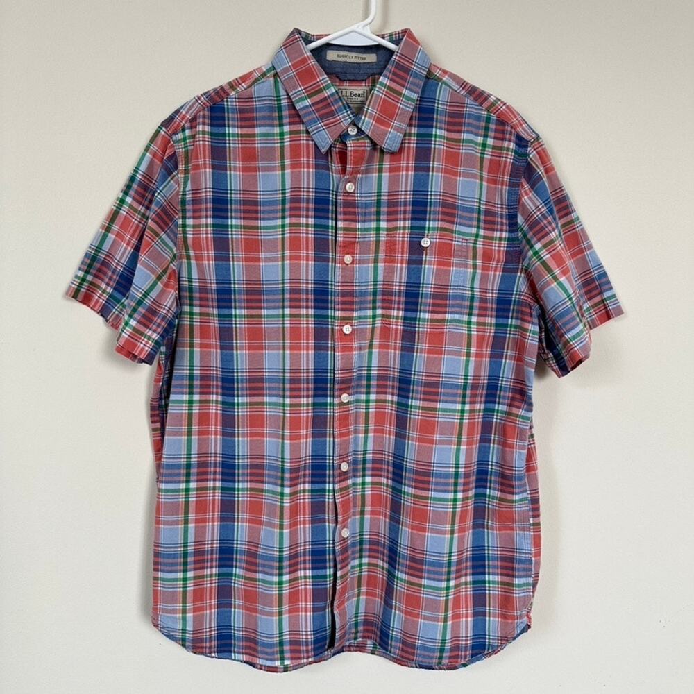 L.L. Bean Slightly Fitted Madras Plaid Shirt Button Front Short Sleeve LARGE